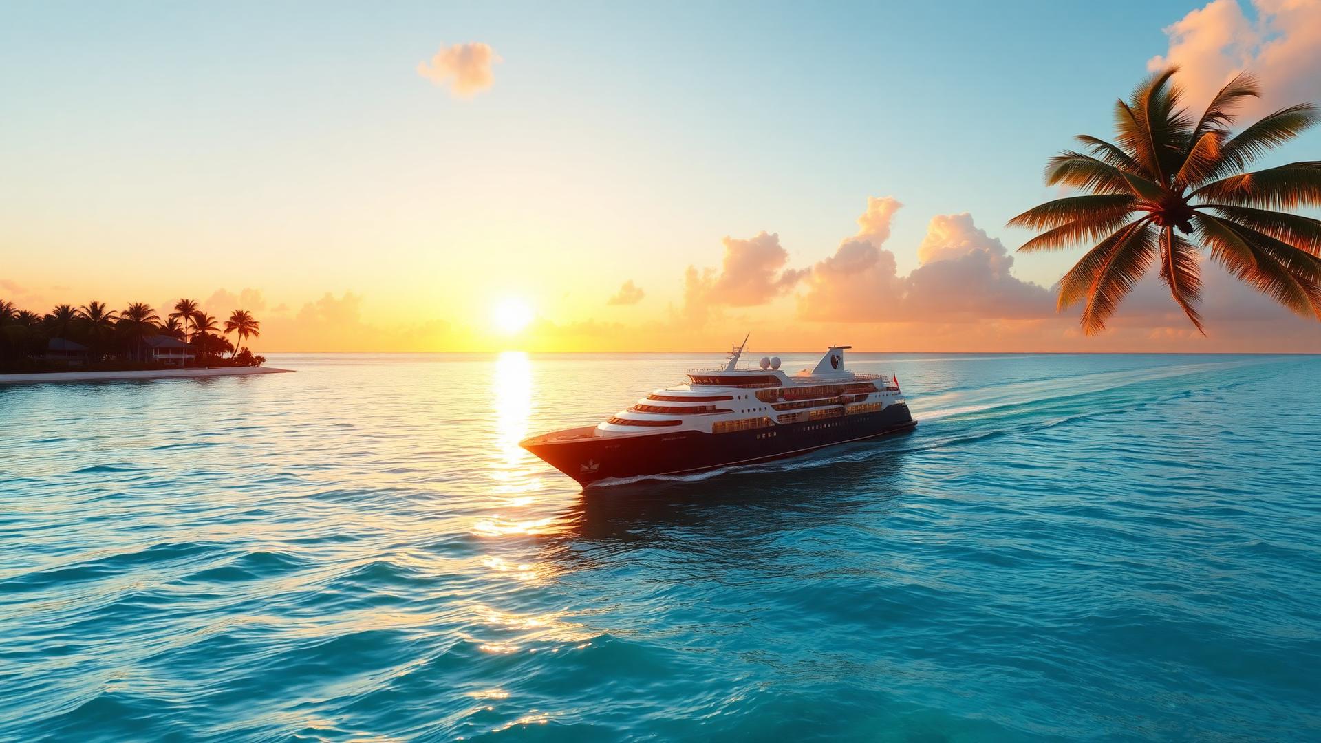 Luxury cruise ship at Caribbean sunset
